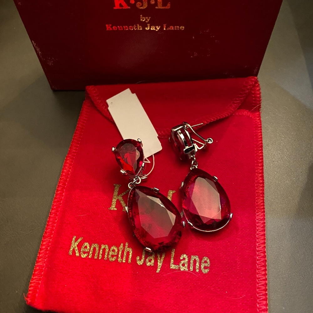 Kenneth Jay Lane CZ Double Teardrop Crystal Red Pierce Earrings NOS w/ Bag & B